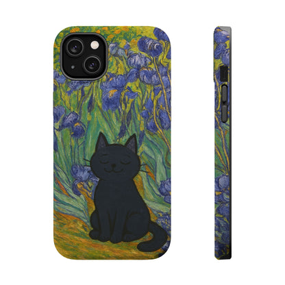Peaceful Cat in Irises – Van Gogh Inspired – iPhone 16, 15, 14, 13 – MagSafe Magnetic Tough Case by HitStickers