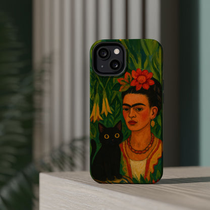 Frida & the Black Cat – Kahlo Inspired – iPhone 16, 15, 14, 13 – MagSafe Magnetic Tough Case by HitStickers