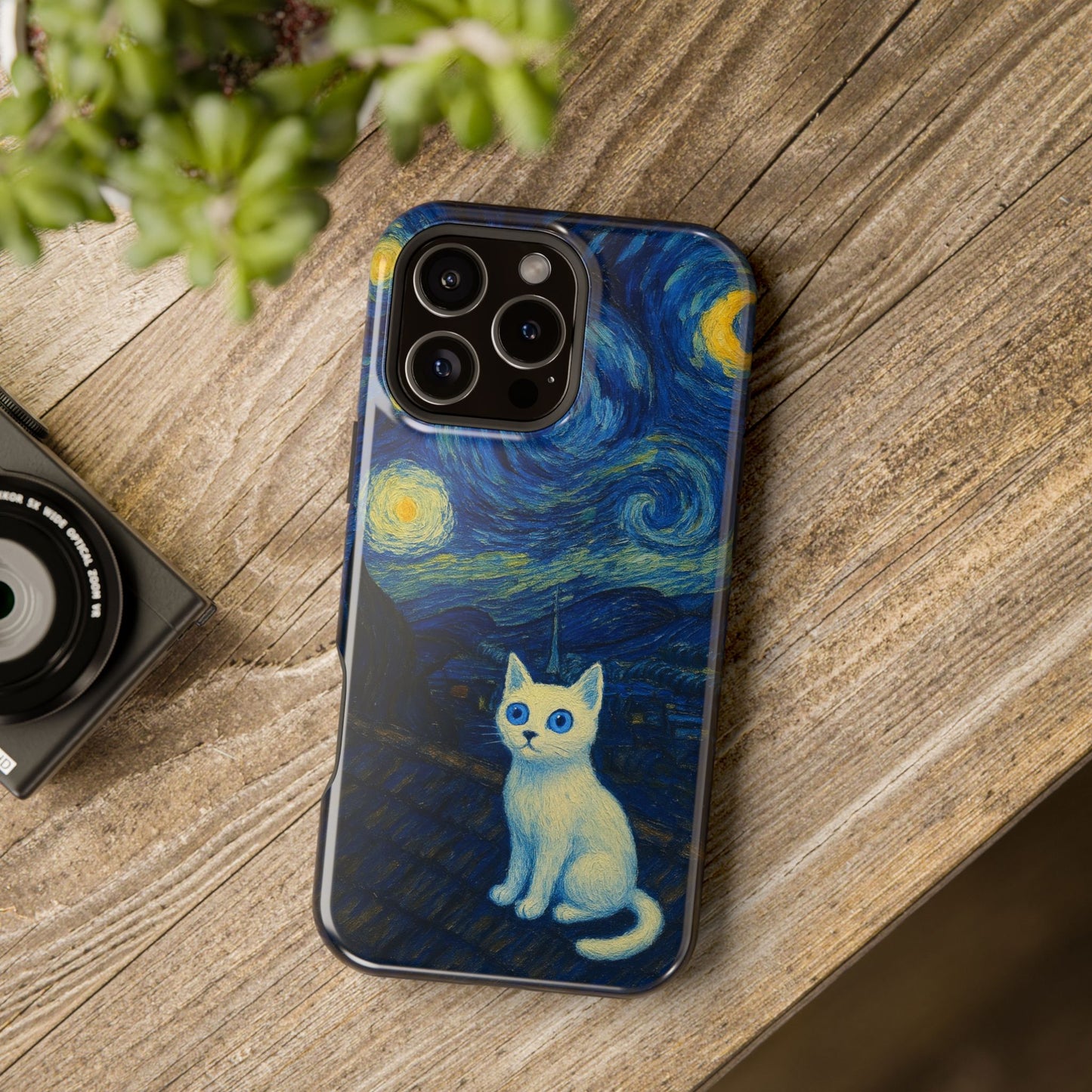 Starry Night Cat – Van Gogh Inspired – iPhone 16, 15, 14, 13 – MagSafe Magnetic Tough Case by HitStickers
