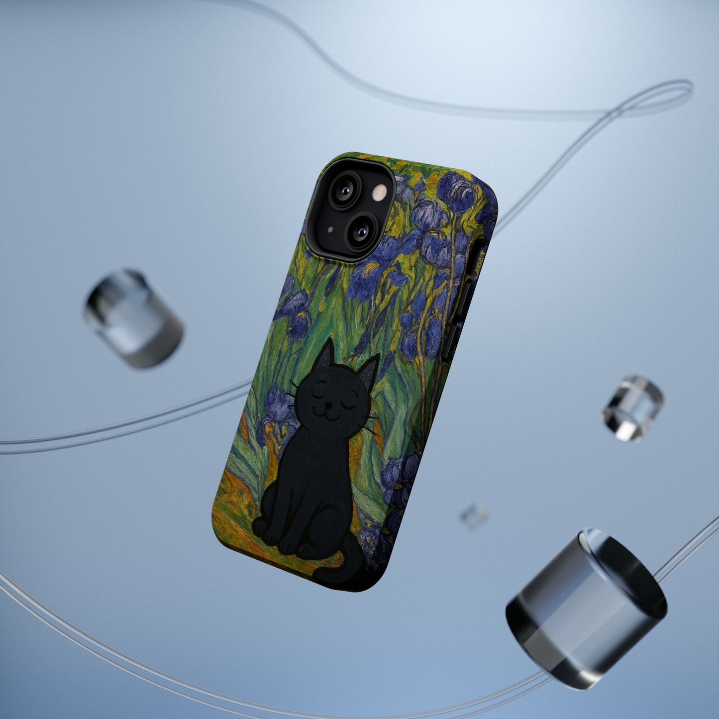Peaceful Cat in Irises – Van Gogh Inspired – iPhone 16, 15, 14, 13 – MagSafe Magnetic Tough Case by HitStickers