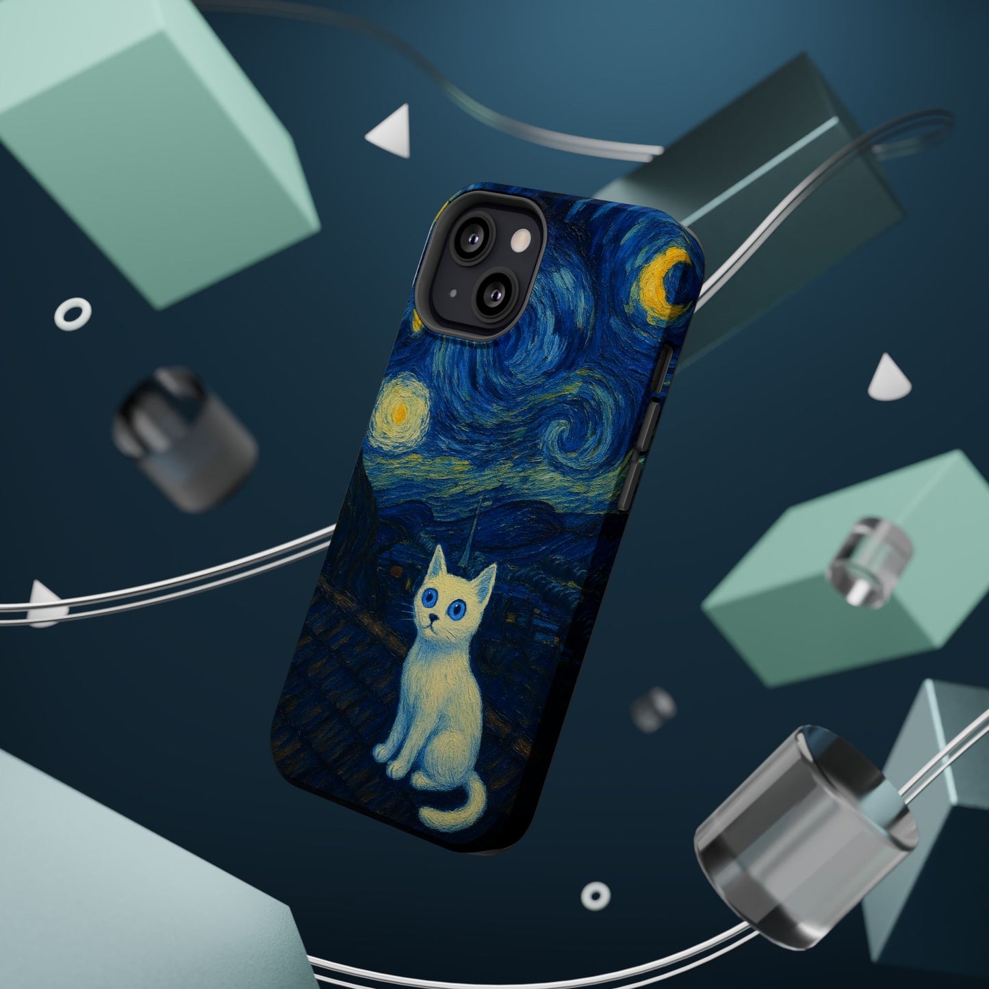 Starry Night Cat – Van Gogh Inspired – iPhone 16, 15, 14, 13 – MagSafe Magnetic Tough Case by HitStickers