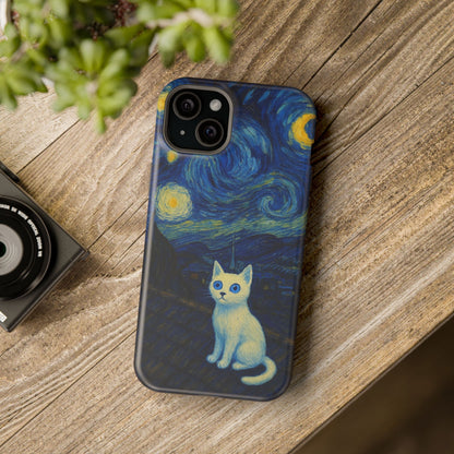 Starry Night Cat – Van Gogh Inspired – iPhone 16, 15, 14, 13 – MagSafe Magnetic Tough Case by HitStickers