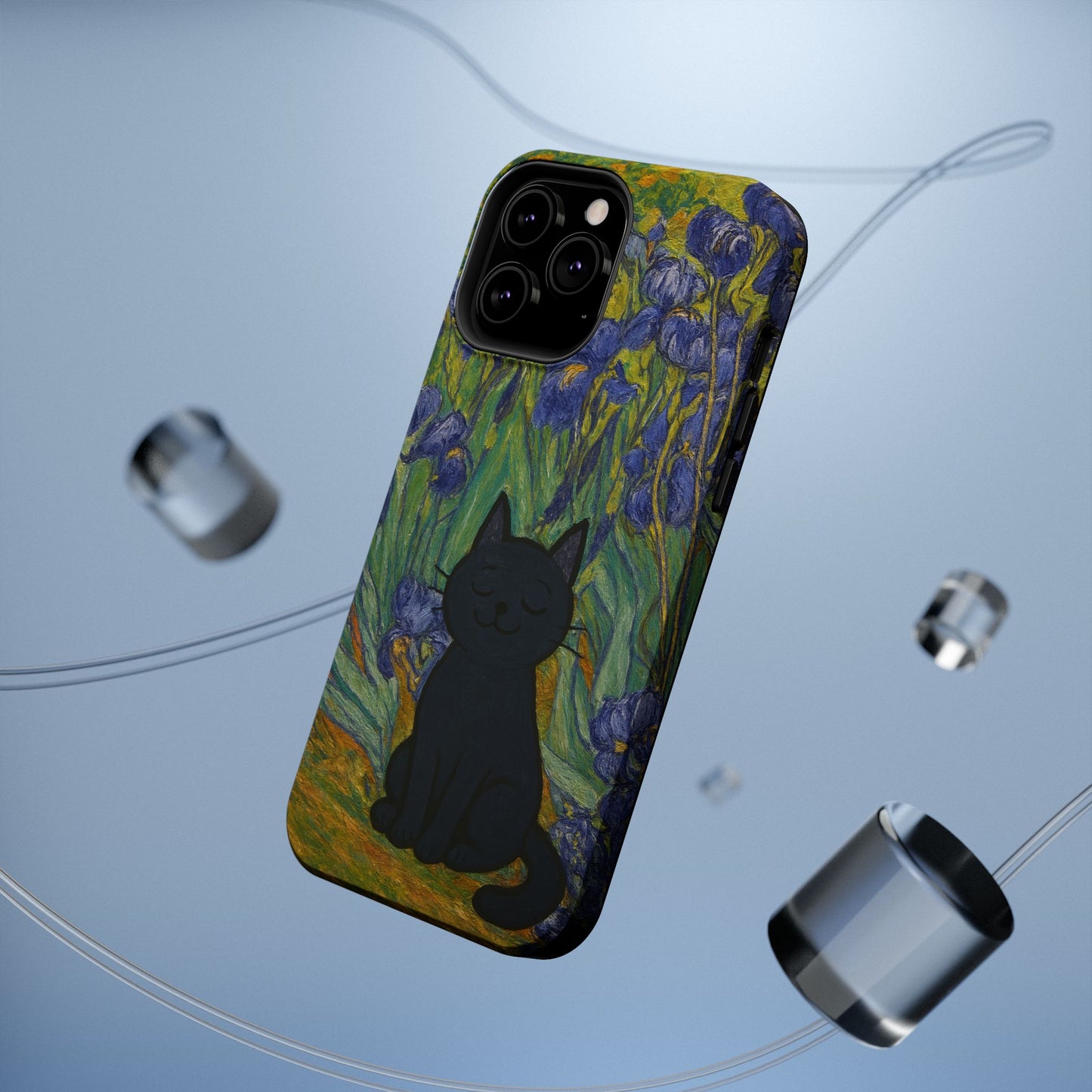 Peaceful Cat in Irises – Van Gogh Inspired – iPhone 16, 15, 14, 13 – MagSafe Magnetic Tough Case by HitStickers