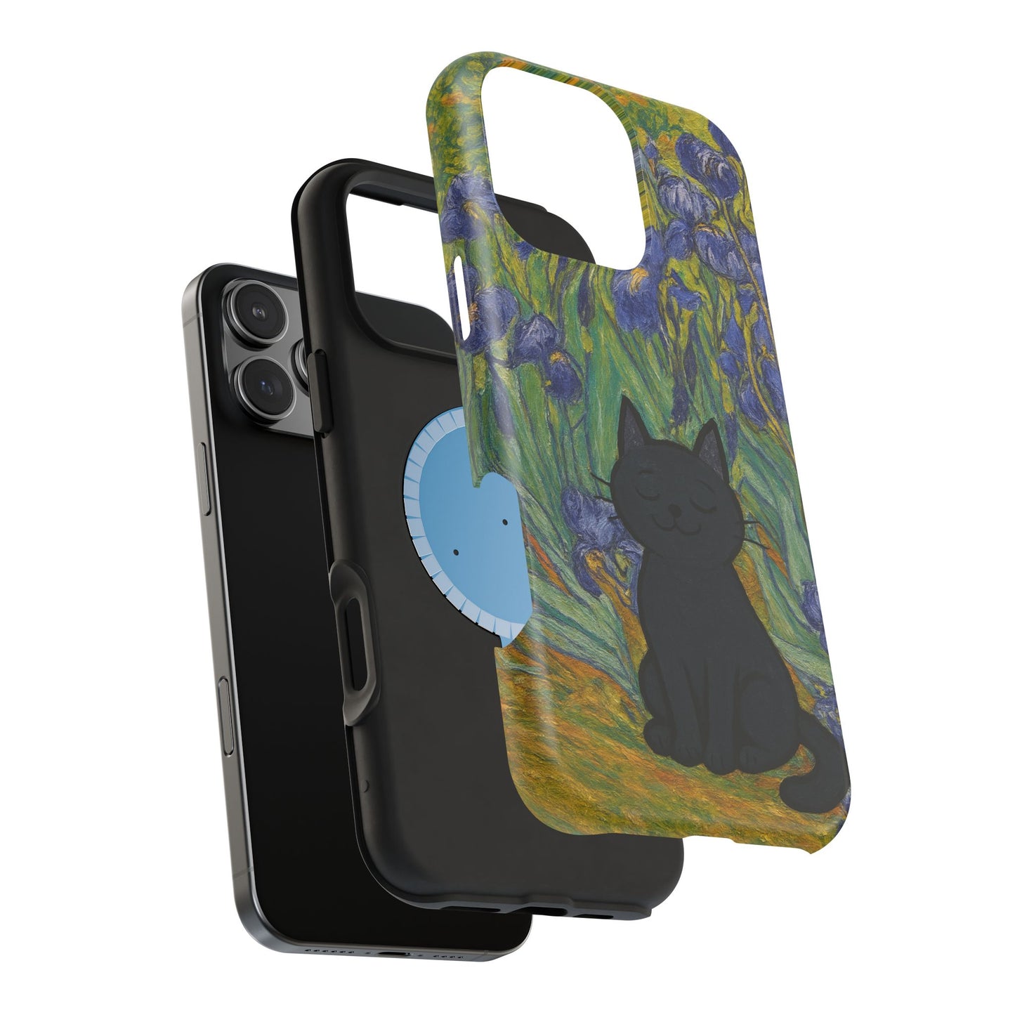 Peaceful Cat in Irises – Van Gogh Inspired – iPhone 16, 15, 14, 13 – MagSafe Magnetic Tough Case by HitStickers