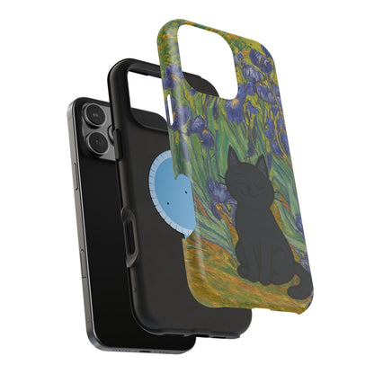 Peaceful Cat in Irises – Van Gogh Inspired – iPhone 16, 15, 14, 13 – MagSafe Magnetic Tough Case by HitStickers
