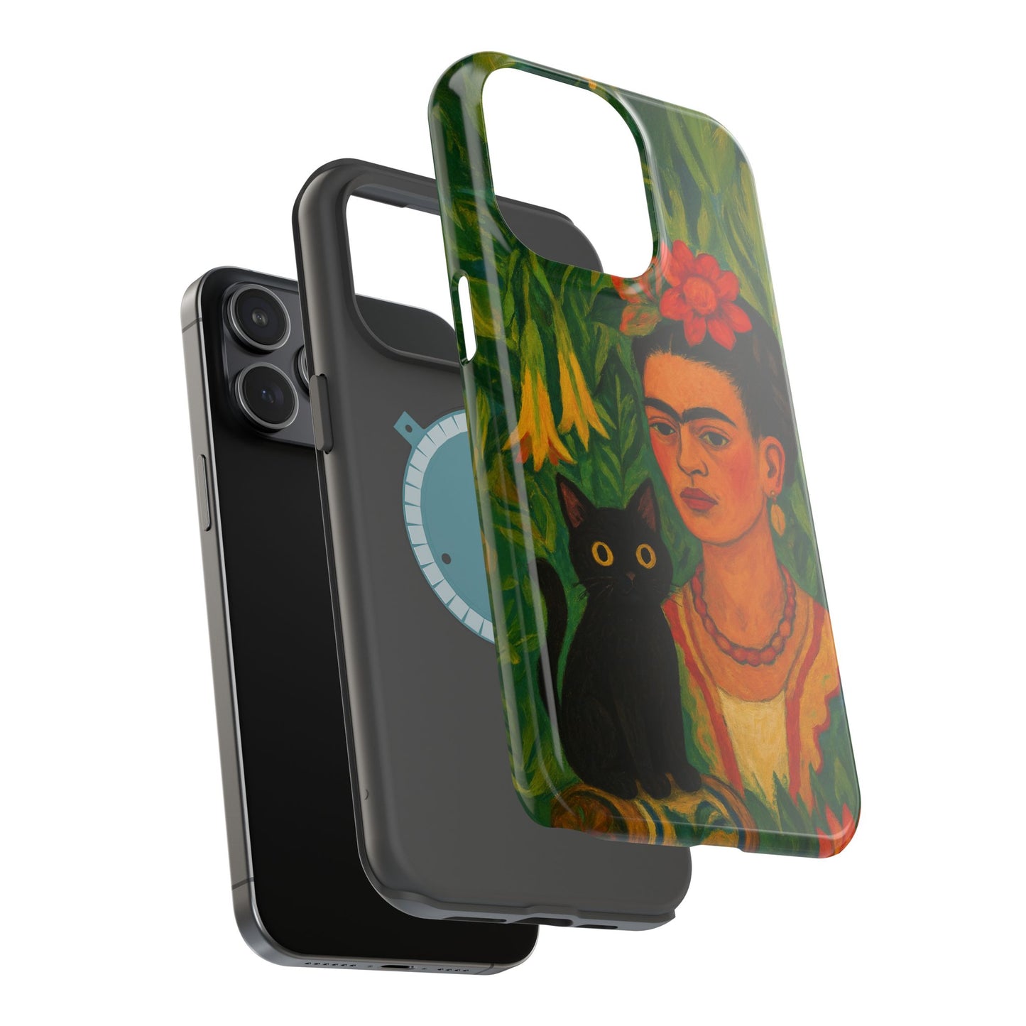 Frida & the Black Cat – Kahlo Inspired – iPhone 16, 15, 14, 13 – MagSafe Magnetic Tough Case by HitStickers