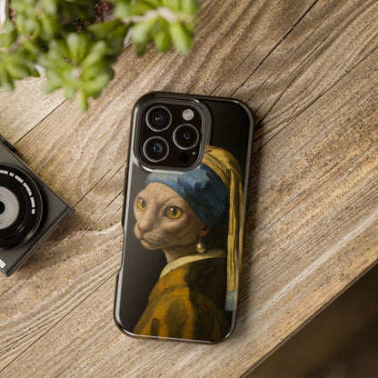 Cat with a Pearl Earring – Vermeer Inspired – iPhone 16, 15, 14, 13 – MagSafe Magnetic Tough Case by HitStickers